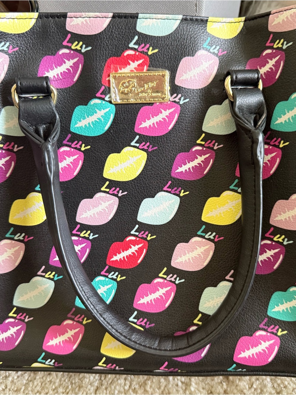 Betsey Johnson Black Shoulder Bag with Multicolor Lip Print